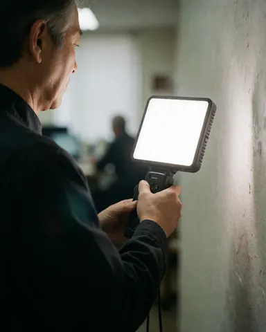 Videographer using an LED panel to illuminate a textured wall in a modern office setting for professional lighting service