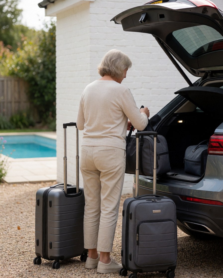 A woman loads luggage into the trunk of a car in front of a house with a pool, capturing a vacation departure scene.