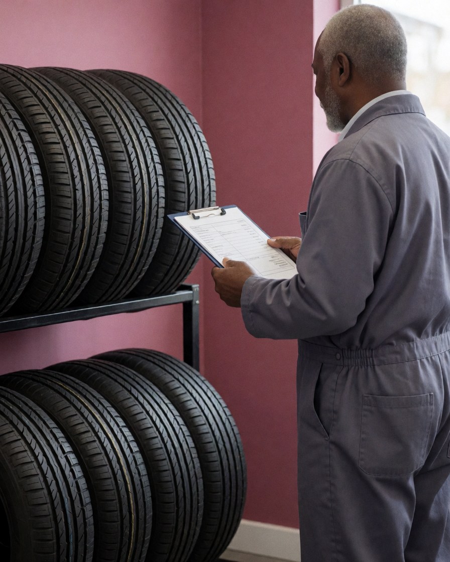 Customer checking an invoice next to new tires in a tire repair shop with pink walls