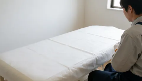 A clean massage table covered with a white cloth in a bright room with white walls and natural light, viewed from behind