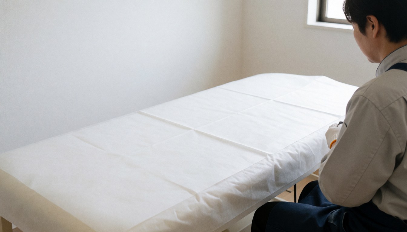 A clean massage table covered with a white cloth in a bright room with white walls and natural light, viewed from behind