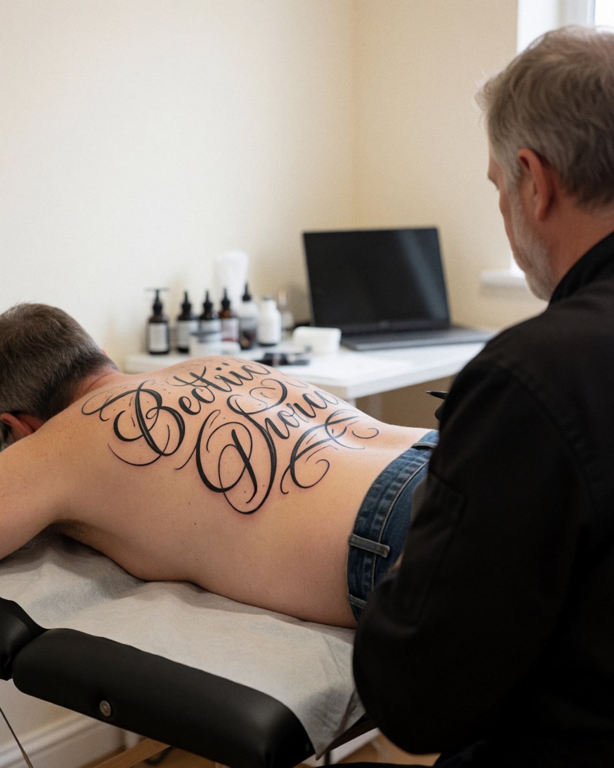 Professional tattoo artist applying ink to a client's back in a clean studio environment