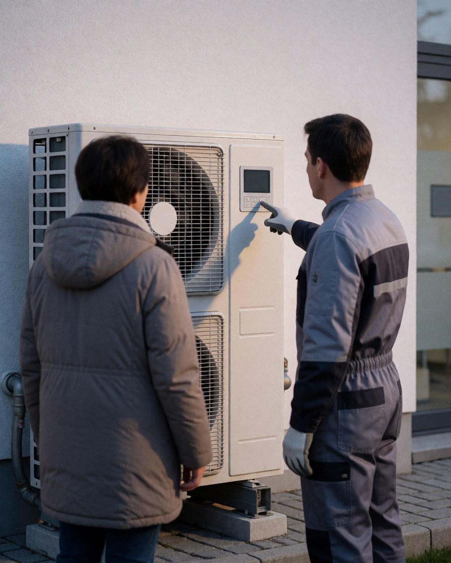 A technician in gloves points to the control panel of an outdoor white heating unit while a client in a coat watches during sunset.