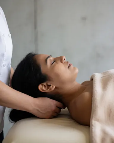 Therapist massaging client neck on massage table with soft cloths and concrete walls in relaxed spa setting