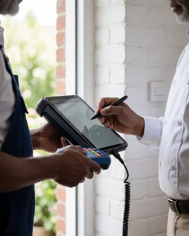 A technician in uniform signs a payment on a tablet near a white brick wall and window.