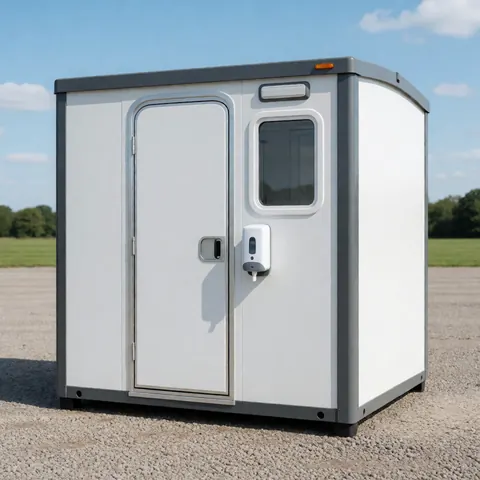 A white portable sanitation unit with a clean window and gel dispenser sits on gravel in an open field under a blue sky.