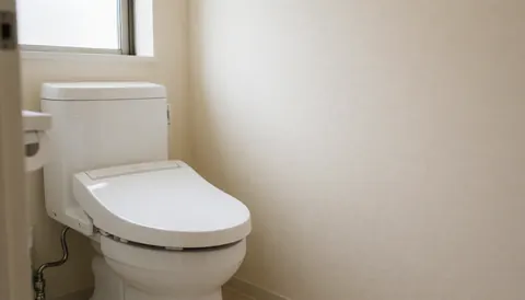 A modern white toilet installed in a clean bathroom with beige walls and natural light coming through a window.
