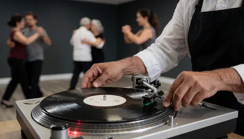 Close-up of hands placing a vinyl record on a turntable with tango dancers visible in the background of a dance class setting.