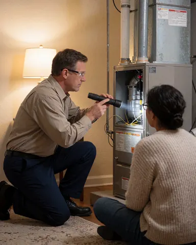 HVAC technician examines open furnace with flashlight while homeowner watches during home heating repair