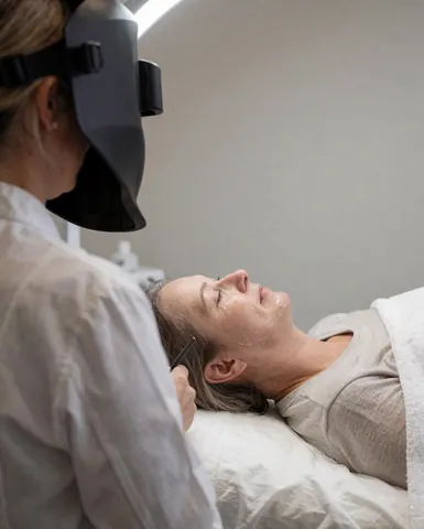 An esthetician wearing a welding mask applies facial cream to a client resting on a treatment bed in a salon with light gray walls.