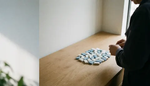 White and blue tailor chalk arranged on a light wooden work table with white walls and natural lighting