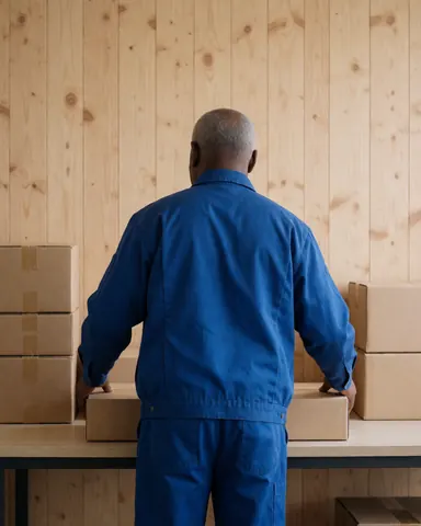 A logistics worker in uniform organizes cardboard boxes on a work table inside a warehouse with wooden walls