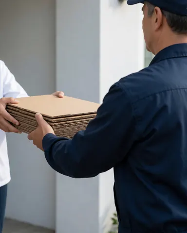 A logistics worker in a blue uniform receives a cardboard box from a customer at a residence with a light gray wall.