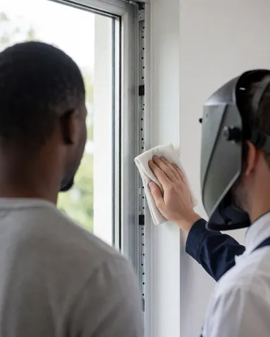 A technician cleans a window frame with a cloth while a client observes in a room with white walls.