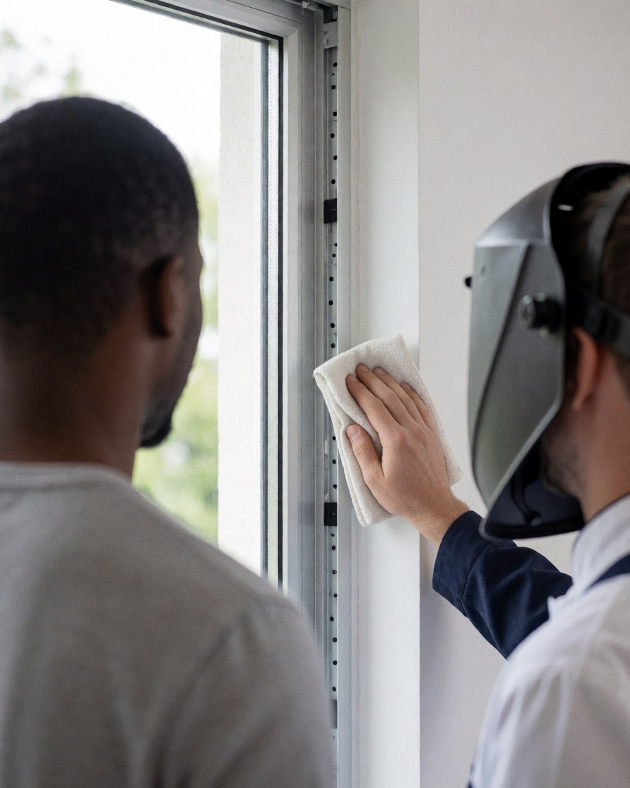 A technician cleans a window frame with a cloth while a client observes in a room with white walls.