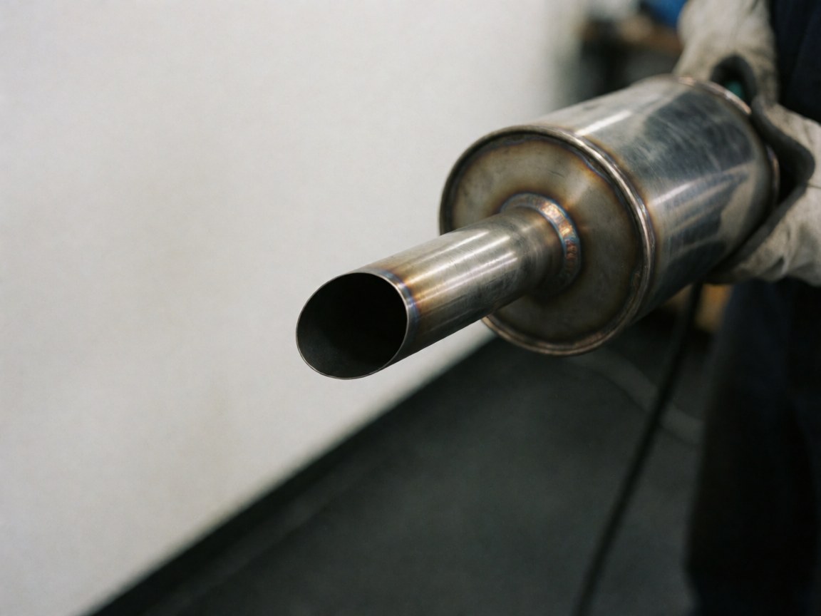 Detailed view of an automotive exhaust muffler showing weld seams, held by gloved hands in a workshop setting.