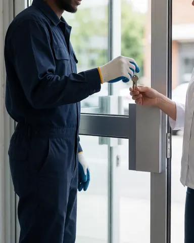 Close-up of hands receiving keys for a newly installed aluminum door with clear glass, symbolizing a completed installation project.