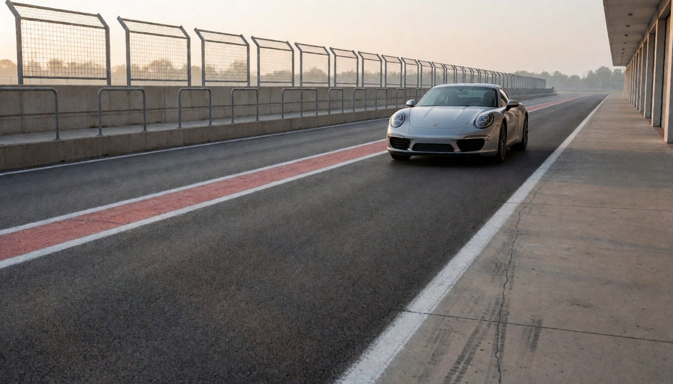 Silver sports car parked on asphalt race track at dawn with visible safety barriers and demarcation lines