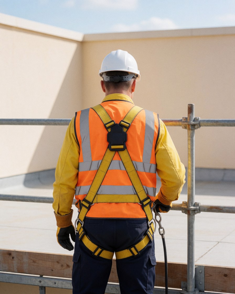 Technician on roof with safety harness and reflective vest preparing equipment for solar repair on a sunny day