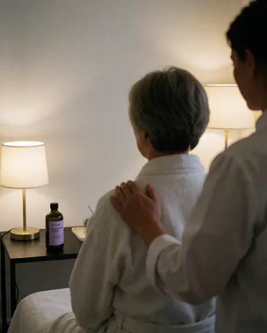 Close-up of a therapist's hand massaging a client's shoulder in a calm, professional setting with soft lighting and massage oil.