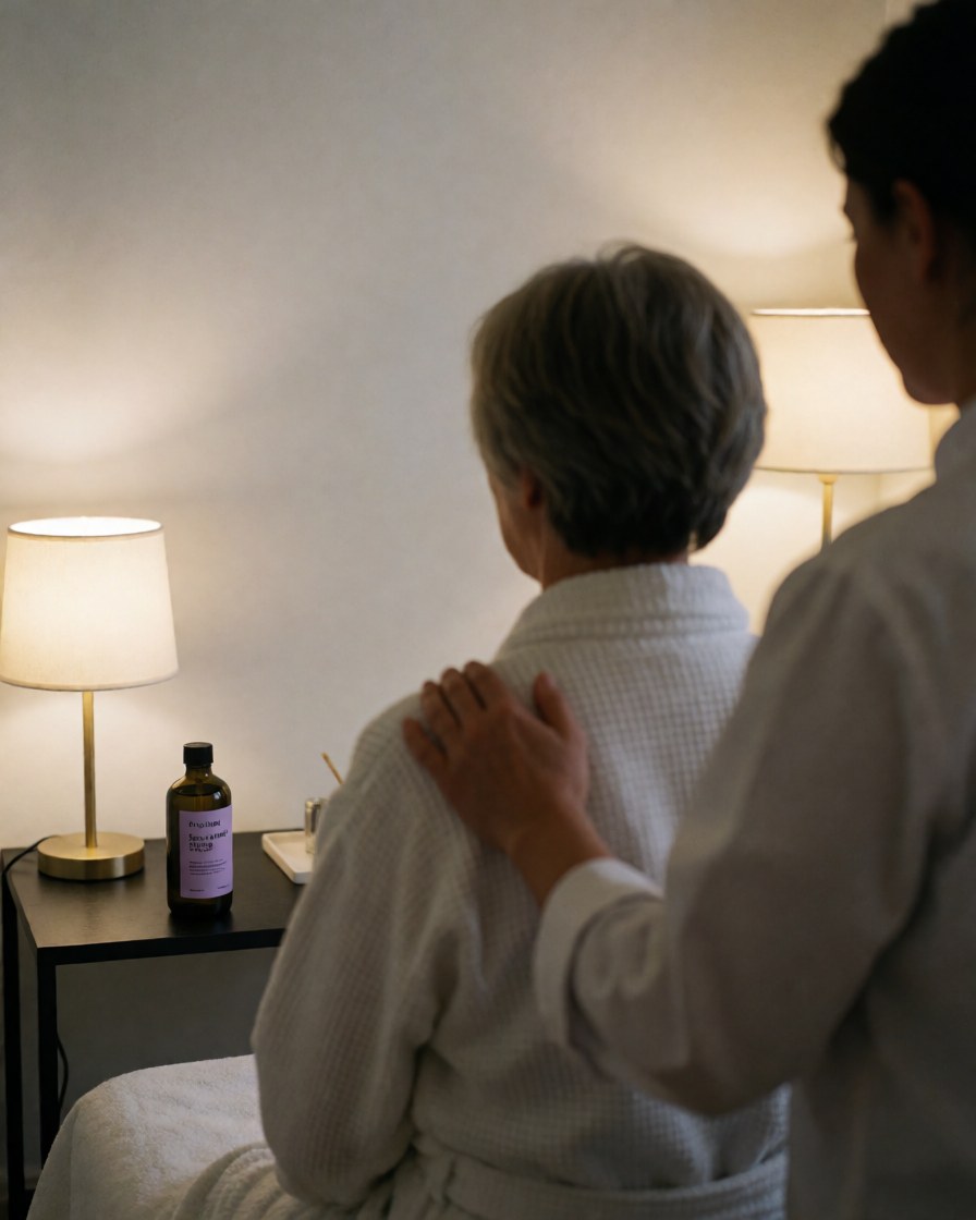 Close-up of a therapist's hand massaging a client's shoulder in a calm, professional setting with soft lighting and massage oil.
