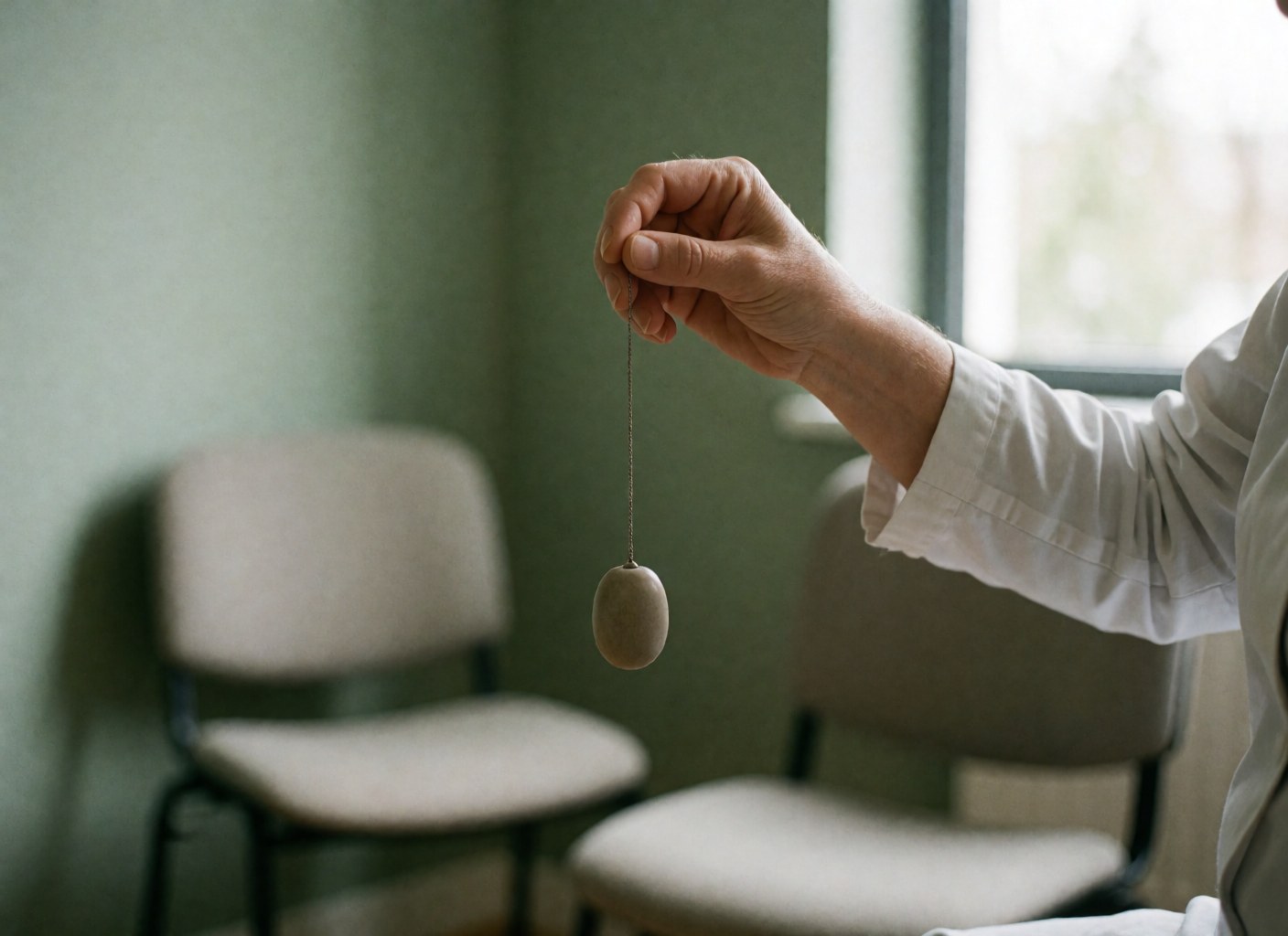 Close-up of a hand holding a hypnotherapy pendulum with chairs and a green wall in the background