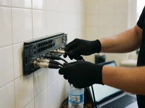 Hands in black gloves connect an XLR cable to a wall-mounted audio interface with a condensation-covered water bottle nearby
