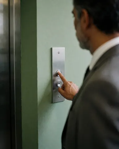 Close-up of a hand pressing the elevator call button in a lobby with a green wall, representing waiting for elevator service.