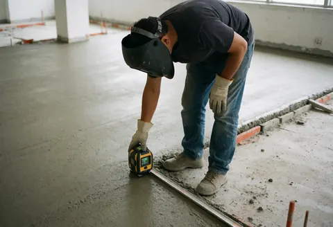 Worker in safety gear adjusting a laser level on freshly poured concrete for a tennis court construction site.
