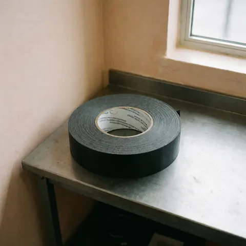 Black masking tape roll for automotive painting on a metal table in a workshop with beige walls and a window in the background