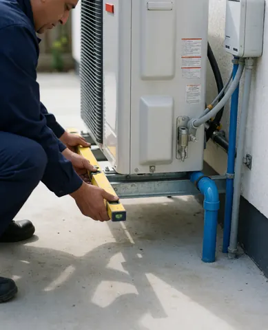 Technician in blue uniform leveling a heat pump unit with blue pipes and electrical connections on an outdoor concrete floor.