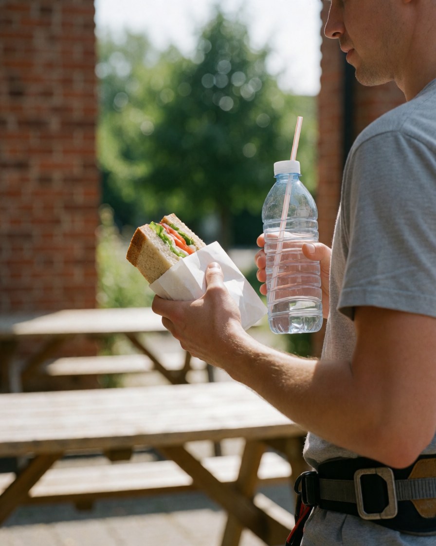 A man wearing a climbing harness holds a sandwich and water bottle near picnic tables and a brick wall.
