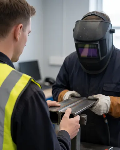 A customer in a yellow vest inspects a welded joint in a metal workshop while a welder wearing a helmet and gloves works nearby.