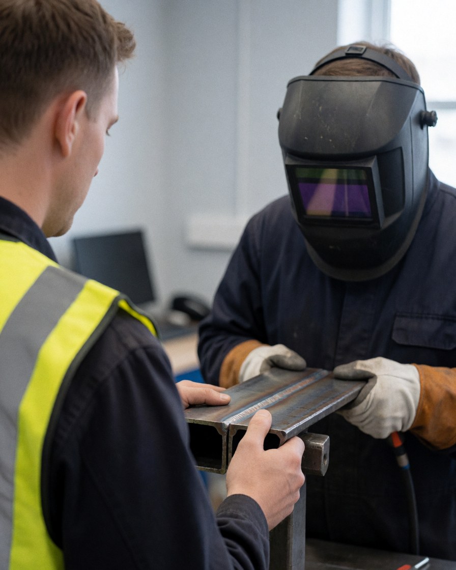 A customer in a yellow vest inspects a welded joint in a metal workshop while a welder wearing a helmet and gloves works nearby.