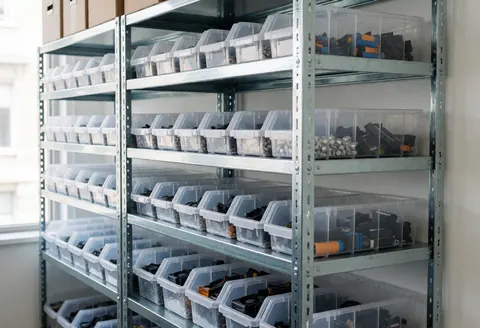 Metal shelving units with plastic bins filled with electronic parts in a computer repair shop, illuminated by natural light.