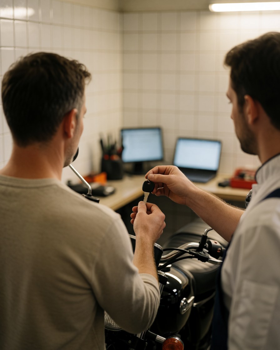 A mechanic hands motorcycle keys to a customer in a workshop with white tiled walls and a shiny bike.