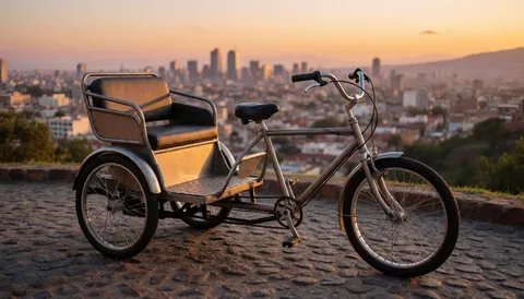 Metallic passenger tricycle with upholstered seat parked on stone terrace overlooking city at sunset