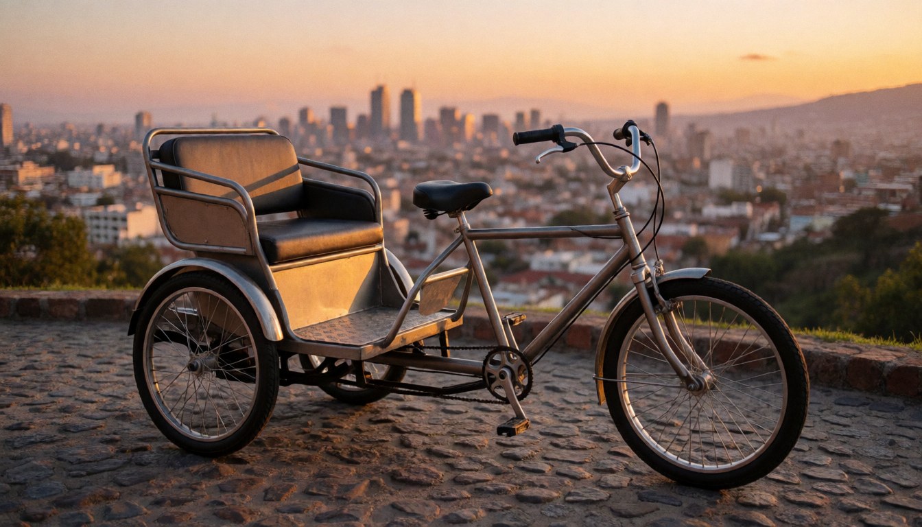 Metallic passenger tricycle with upholstered seat parked on stone terrace overlooking city at sunset