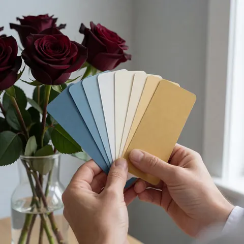Hands holding color palettes in front of burgundy roses on a light gray wall with soft natural light for wedding planning