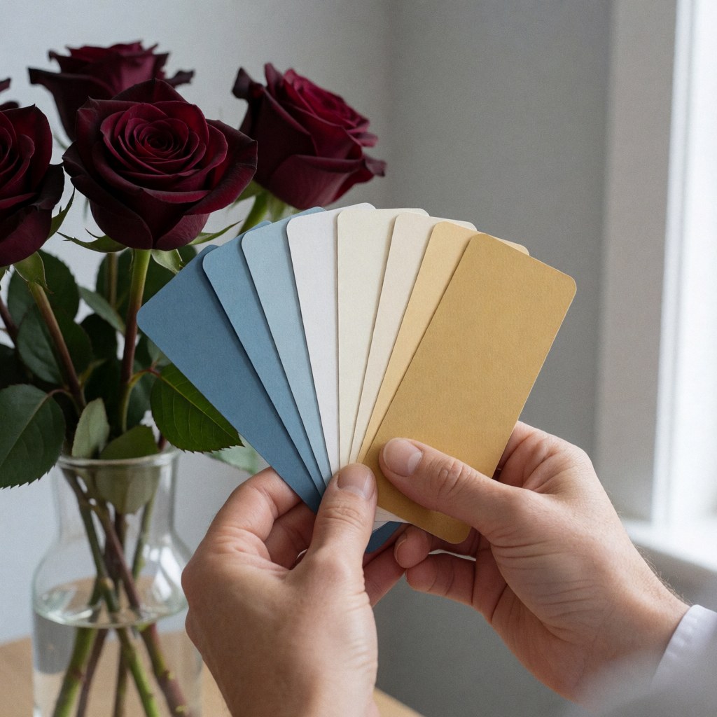 Hands holding color palettes in front of burgundy roses on a light gray wall with soft natural light for wedding planning