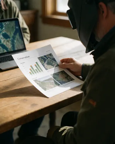 A customer wearing a safety helmet reviews a conservation report featuring charts and satellite maps on a wooden table.