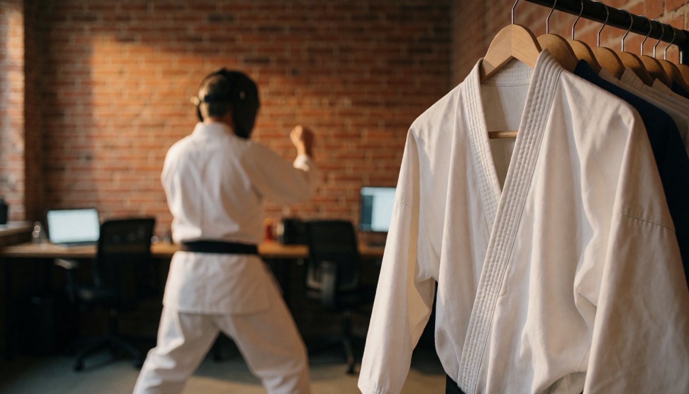 White karate uniform hanging on a wooden rack in a dojo with a brick wall and a karate instructor in a training stance