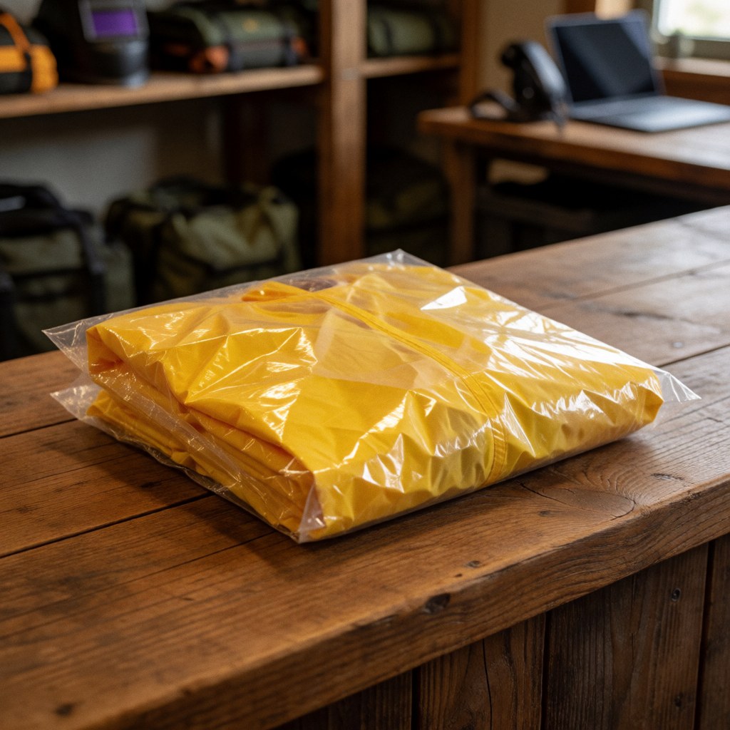 Yellow poncho wrapped in plastic on a rustic wooden table with mountain gear shelves in the background, ready for sale in a mountain hut.