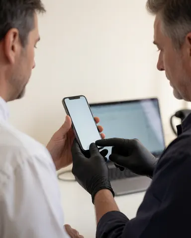 Technician in black gloves tests a repaired mobile phone with a client in a modern office with white walls and a laptop in the background