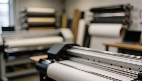 Blurred background of a printing workshop featuring a large format plotter and rolls of vinyl, suitable for text overlays and advertisements.