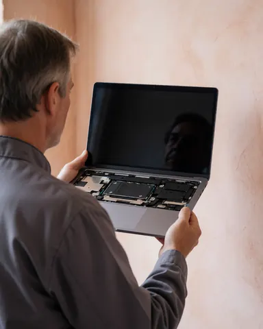 Technician installing SSD in laptop, light plaster walls, clear and realistic action for computer repair.