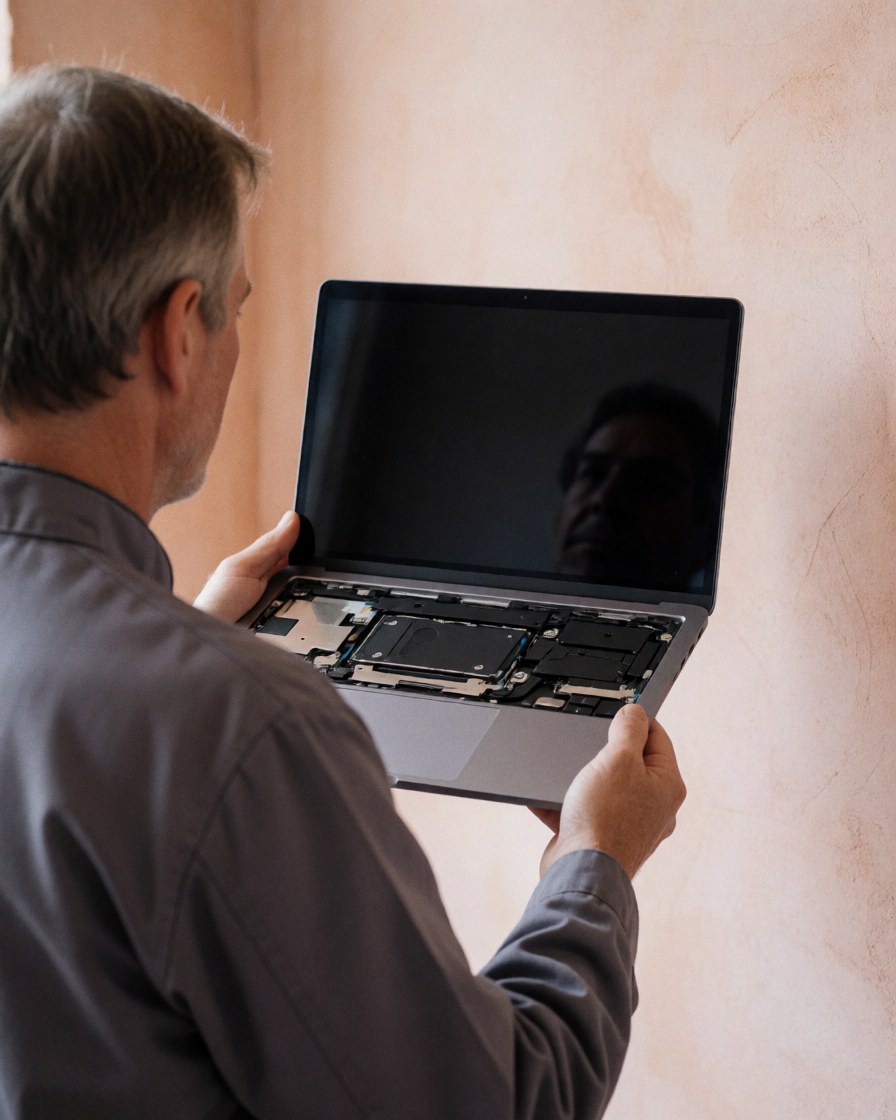 Technician installing SSD in laptop, light plaster walls, clear and realistic action for computer repair.