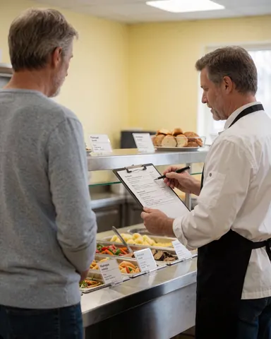 A party coordinator inspects a food buffet alongside a satisfied client in a professional kitchen with yellow walls and food labels.