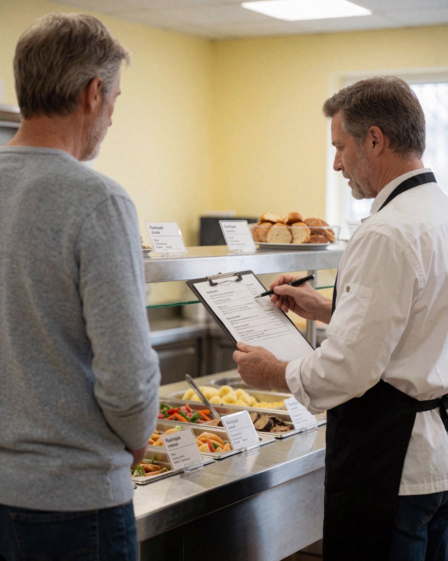 A party coordinator inspects a food buffet alongside a satisfied client in a professional kitchen with yellow walls and food labels.