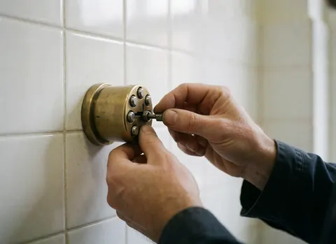 Hands adjusting tumblers in a bronze lock against a white tiled wall.